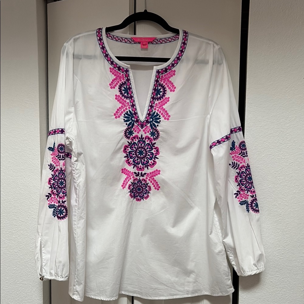 Lilly Pulitzer White Top with Pink and Blue Embroidery